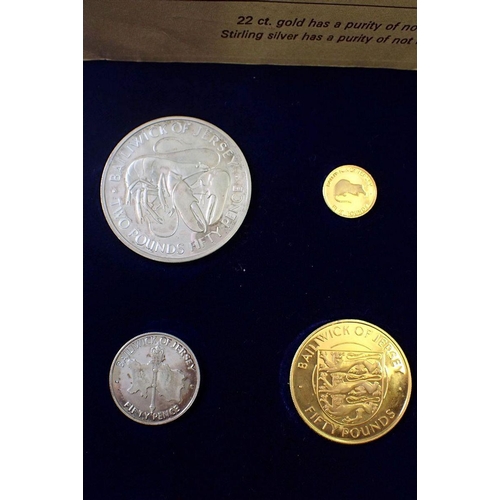 611 - A 1972 Jersey Royal Wedding anniversary gold and silver coins set to include five 22 carat gold coin... 