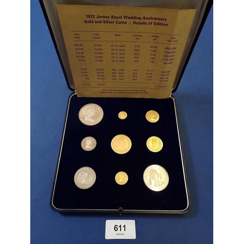 611 - A 1972 Jersey Royal Wedding anniversary gold and silver coins set to include five 22 carat gold coin... 