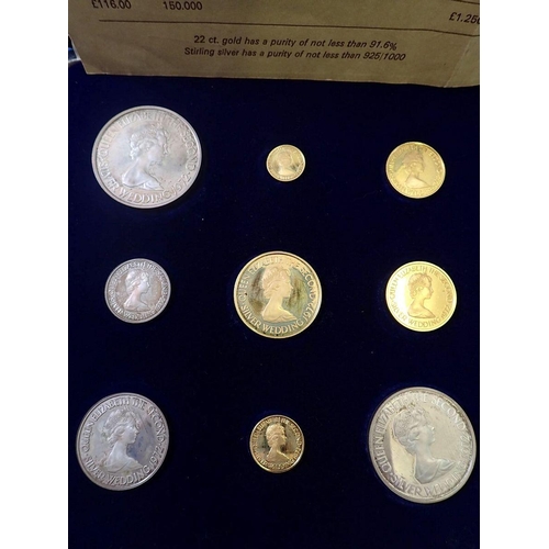 611 - A 1972 Jersey Royal Wedding anniversary gold and silver coins set to include five 22 carat gold coin... 