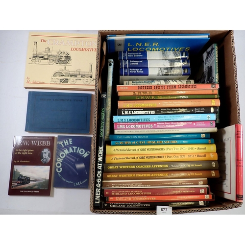 677 - A large box of various Railway books including Great Western Coaches, LMS Locomotives etc.