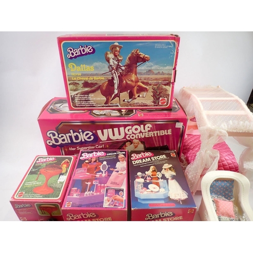 A collection of five Mattel Barbie doll sets including VW Golf