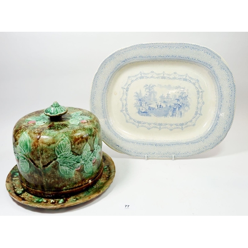 77 - A Victorian Majolica stilton cheese stand - damaged and a Victorian blue and white meat plate 'Conse... 