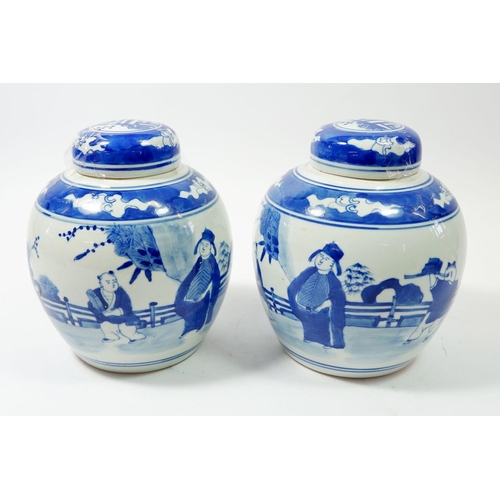 79 - A pair of 20th century Chinese blue and white ginger jars and covers painted scholar in a garden 'Da... 