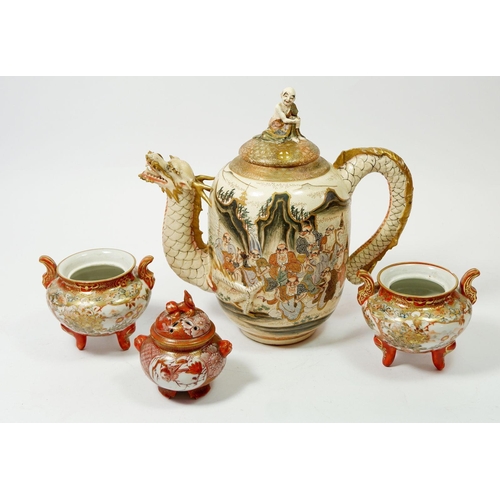 88 - A Japanese dragon form teapot with figurative finial to lid (restored) 21cm plus two Kutani koro (no... 