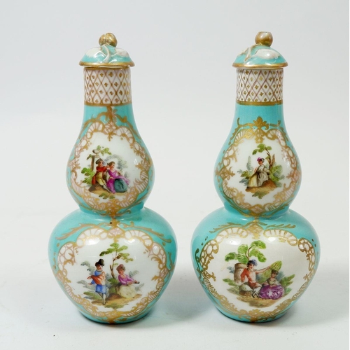 89 - A pair of Sitzenfdorf turquoise double gourd form vases painted rococo scenes, 15cm tall