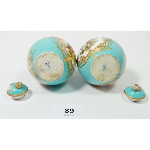 89 - A pair of Sitzenfdorf turquoise double gourd form vases painted rococo scenes, 15cm tall