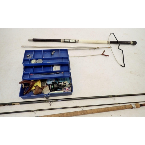 An Abu Legerlite 123 fishing rod 343cm, plus one other, a box of fishing  equipment and accessories