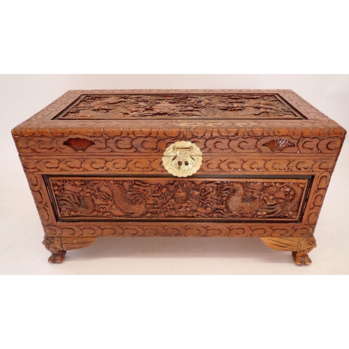 1197 - A Chinese carved small camphorwood chest, 86 x 42 x 49cm