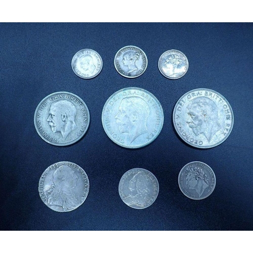 473 - A quantity of silver content coinage including: George II 1757 sixpence, George III 1787 shilling, G... 