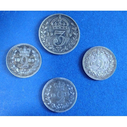 474 - A quantity of loose Maundy pieces, 4 total: Victoria; twopences 1838 (2 off) 1851, George V; threepe... 