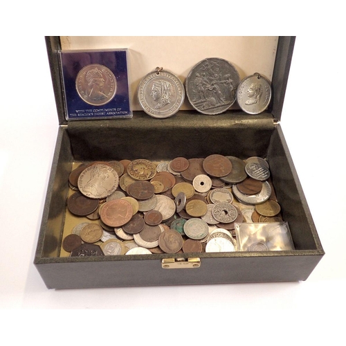 491 - A box of world coins and medallions including examples: British, Channel Islands, Eire, Egypt, Franc... 