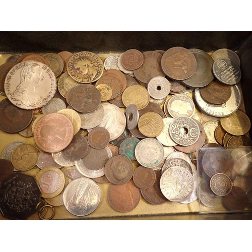 491 - A box of world coins and medallions including examples: British, Channel Islands, Eire, Egypt, Franc... 