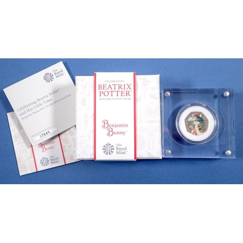 496 - A Royal Mint Beatrix Potter Benjamin Bunny silver proof 50p in plastic display block in original box... 