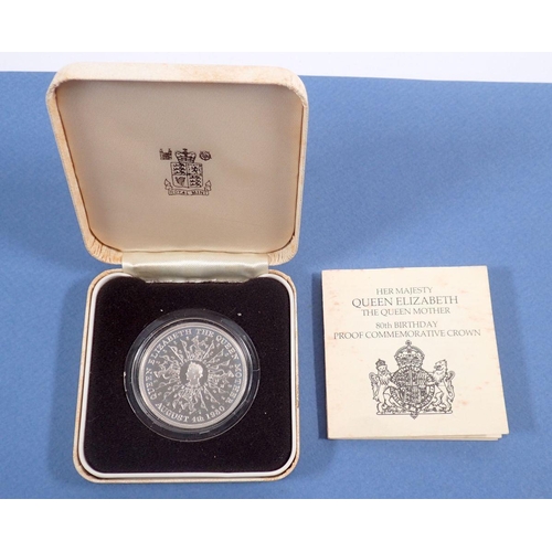 497 - A silver proof Queen Elizabeth The Queen Mother 80th Birthday commemorative crown, cased UNC