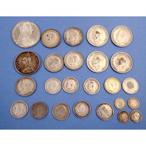 501 - A quantity of pre 1920 silver coins, mainly british approx 222g silver content, plus an Austrian res... 