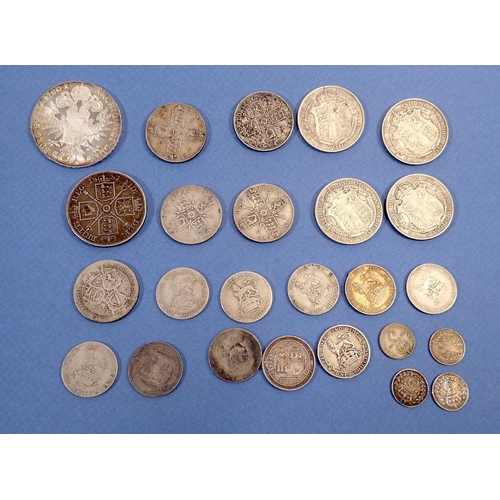 501 - A quantity of pre 1920 silver coins, mainly british approx 222g silver content, plus an Austrian res... 