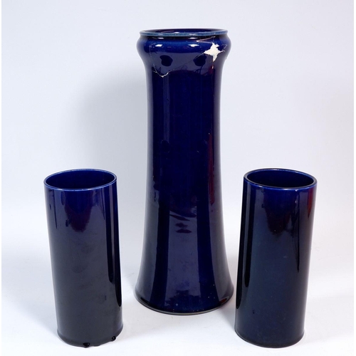 59 - A Doulton tall blue glazed vase, 33cm diameter a/f and two smaller vases - reportedly trail colour v... 