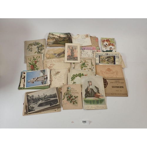 590 - A collection of old greetings cards and postcards including Tucks topographical, plus WWI silk 'Albe... 