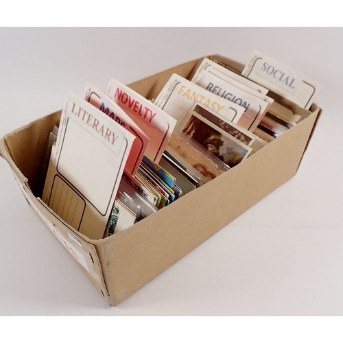 597 - A shoe box of postcards including literary, map cards (modern), novelty/fantasy, postal interest, re... 