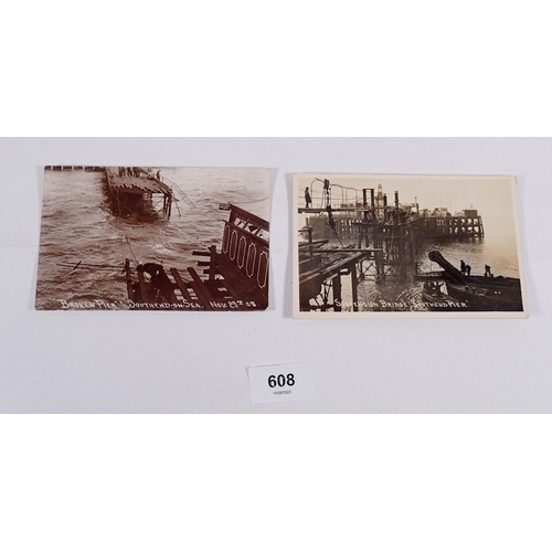 608 - Two real photo postcards of Southend on Sea broken pier, 1908