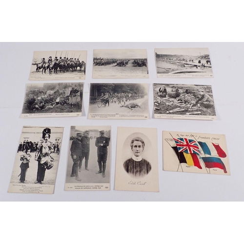 611 - A group of military themed postcards including Nurse Cavell, wreck of HMS Gladiator and soldiers wit... 