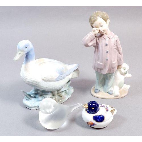 63 - A Nao figure of a boy with teddy plus two ducks and a glass bird (4)