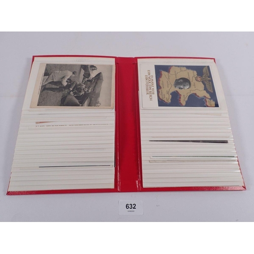 632 - A red album of military postcards including Hitler