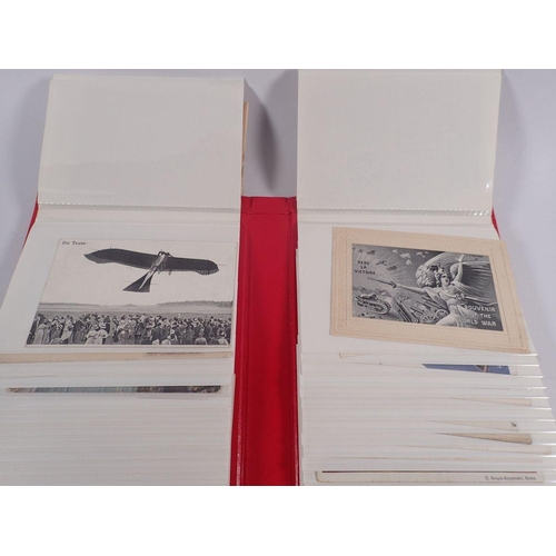 634 - A red album of military postcards and various silks (34)