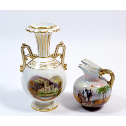 66 - A small two handled vase with painted church scene and floral design to back 13.5cm high together wi... 