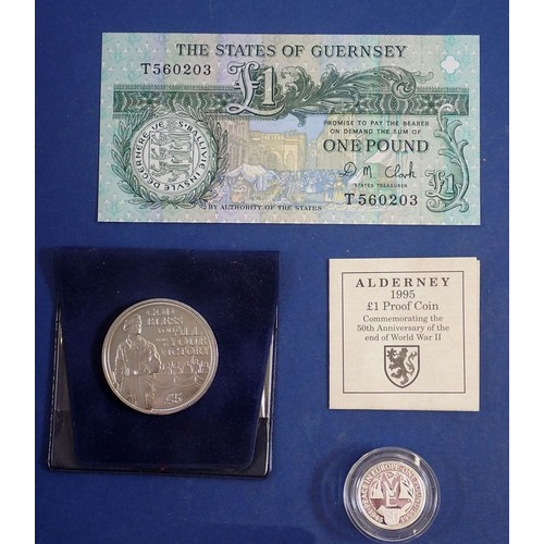 481 - Coins and banknotes for Channel Islands including: Alderney £1 1995 silver proof, 50th anniversary e... 