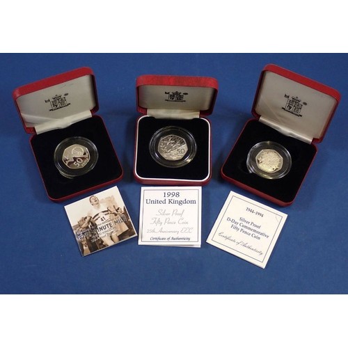 483 - Three Royal Mint 50 pence silver proof commemorative issue in presentation cases and certificates in... 