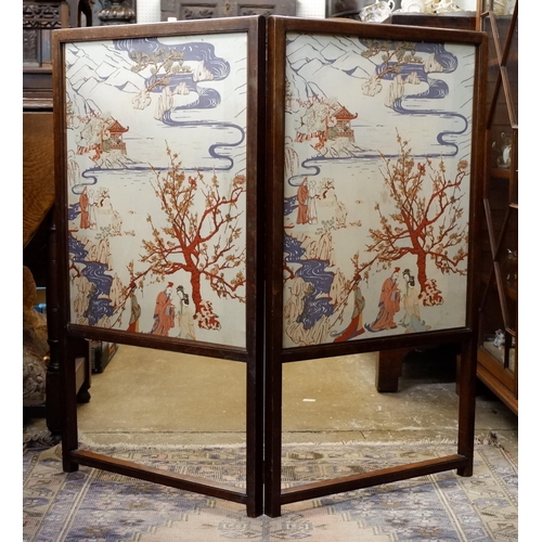 1102 - A 19th century mahogany two fold fire screen with chinoiserie printed fabric