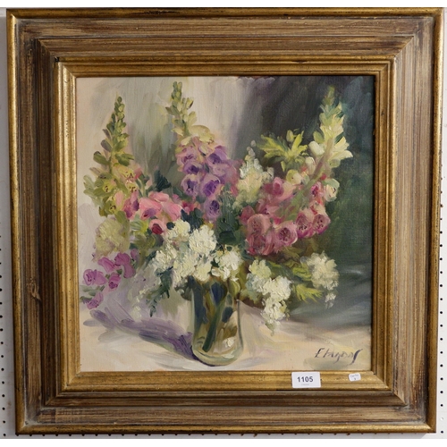 1105 - Elizabeth Parsons - oil on canvas still life foxgloves, 40 x 39.5cm