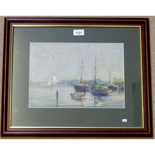 1121 - H F Darking - pastel estuary scene with yachts, 23 x 33cm