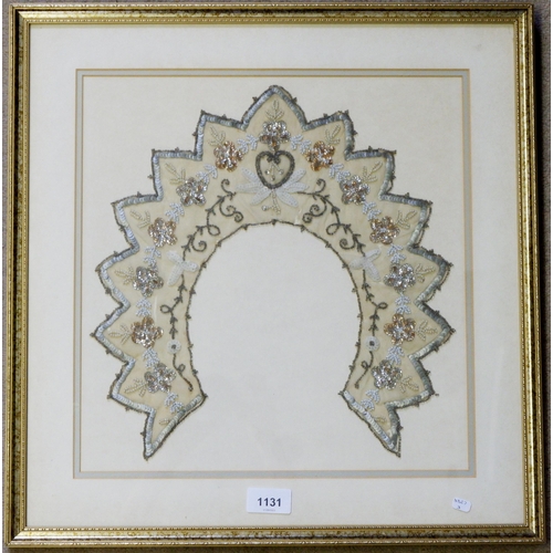 1131 - An 18th century sequinned and beaded collar - framed, collar 33 x 31cm