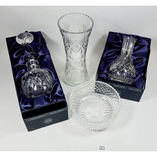 125 - A Stuart Crystal boxed decanter and carafe plus cut glass bowl and cut glass vase