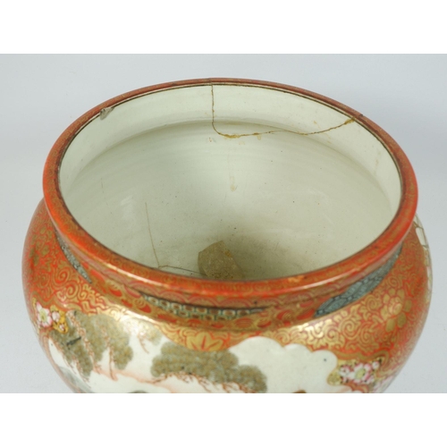 142 - A Japanese Kutani jardiniere painted reserves of figures, birds and flowers, damaged, signed to base... 