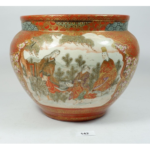 142 - A Japanese Kutani jardiniere painted reserves of figures, birds and flowers, damaged, signed to base... 