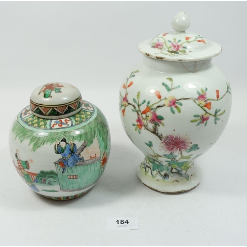 184 - A 19th century Chinese famille verte ginger jar and cover painted man on a roof climbing into a gard... 