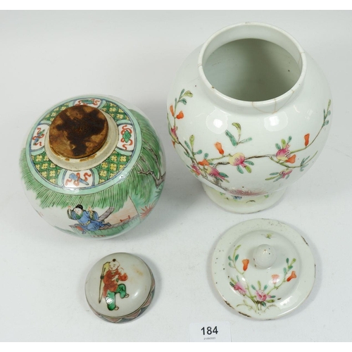 184 - A 19th century Chinese famille verte ginger jar and cover painted man on a roof climbing into a gard... 