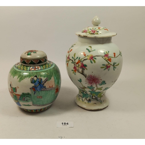 184 - A 19th century Chinese famille verte ginger jar and cover painted man on a roof climbing into a gard... 