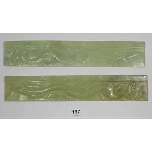 197 - Two 20th century Chinese jade panel paperweights decorated dragon and phoenix, 28 x 5cm