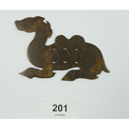 201 - A Chinese carved brown hard stone camel, 11 x 6.5cm