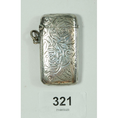 321 - A silver engraved vesta case, Birmingham 1899