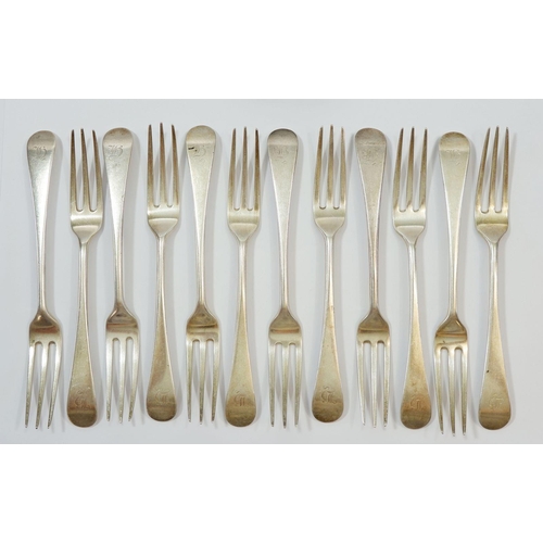 346 - A set of twelve George III silver dessert forks, London 1799 by Peter & Ann Bateman, 378g