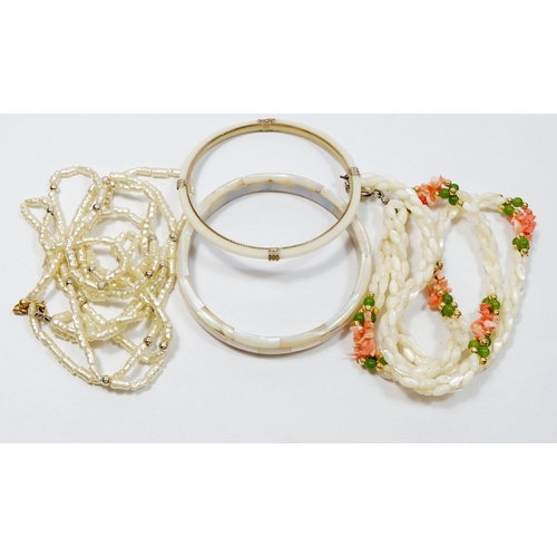 520 - Two rice pearl necklaces and two mother of pearl bangles