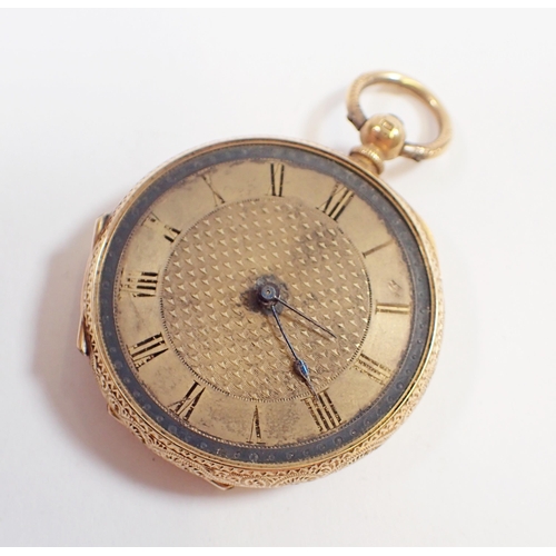 547 - An 18ct gold fob watch with engraved decoration, total weight 42g, 4cm diameter, lacking glass