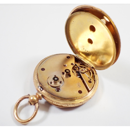 547 - An 18ct gold fob watch with engraved decoration, total weight 42g, 4cm diameter, lacking glass