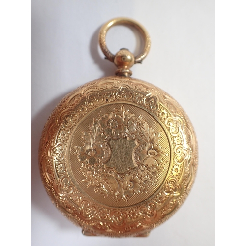 547 - An 18ct gold fob watch with engraved decoration, total weight 42g, 4cm diameter, lacking glass