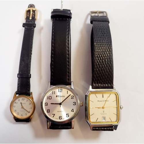 564 - A Mappin & Webb gentlemen's quartz wrist watch, a Ravel quartz watch and a Bulova ladies one